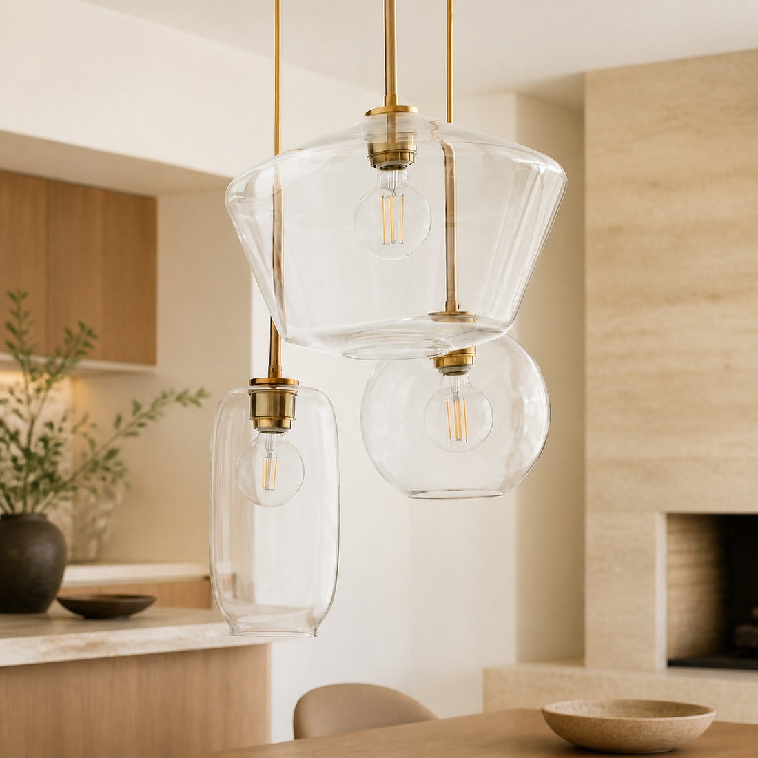 Merin Mixed Sculpture Glass and Metal Triple Chandelier