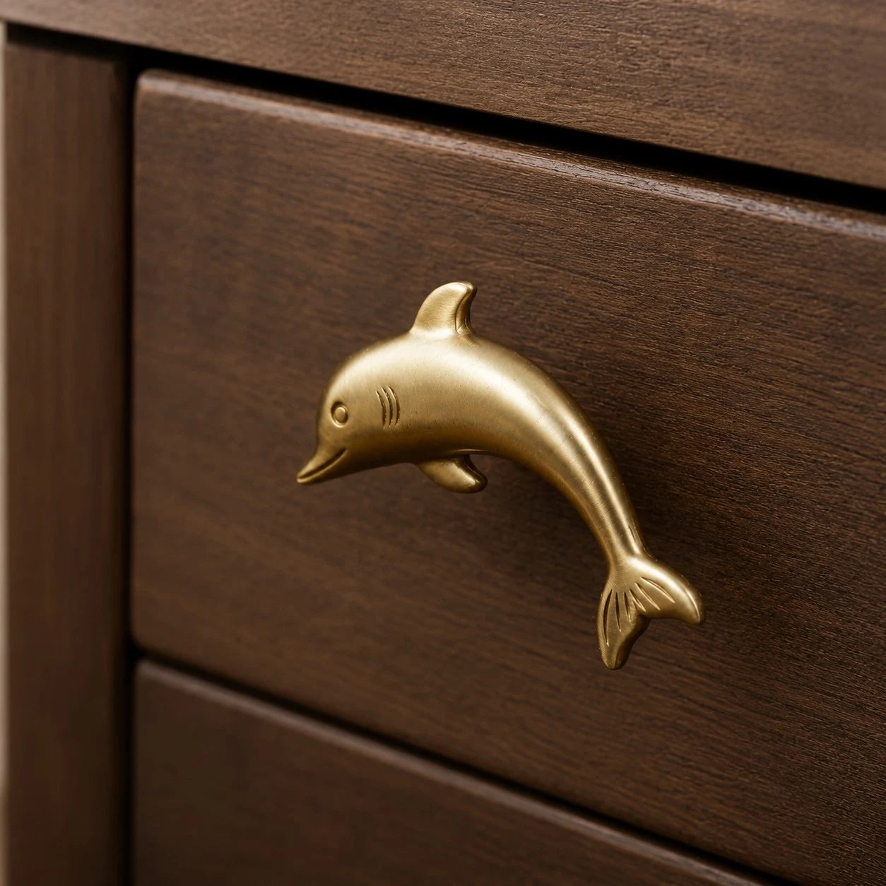 Dolphin Natural Brass cabinet knob installed scene