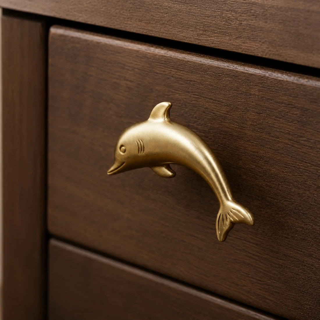 Dolphin Natural Brass cabinet knob installed scene