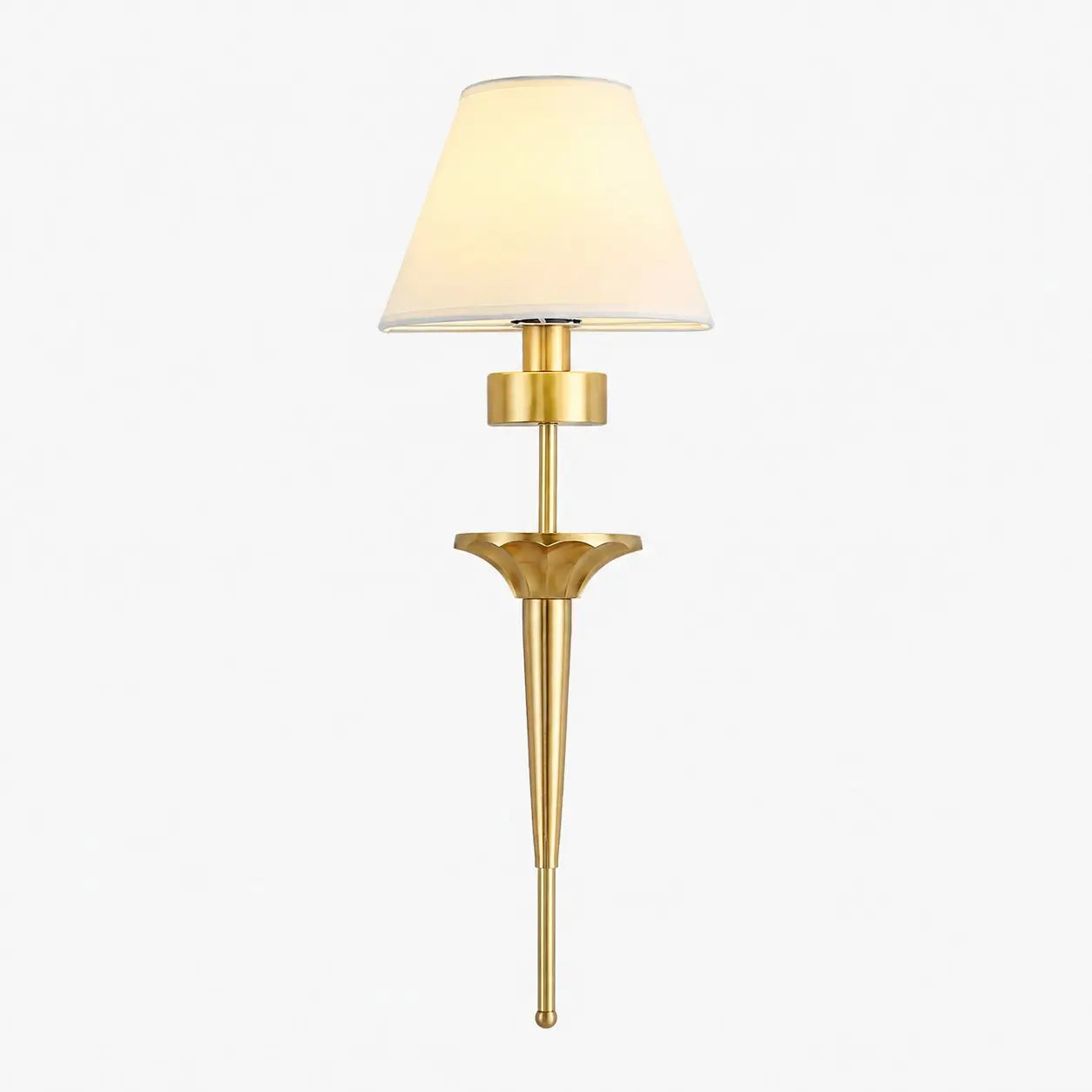 Brass wall sconce with white fabric shade