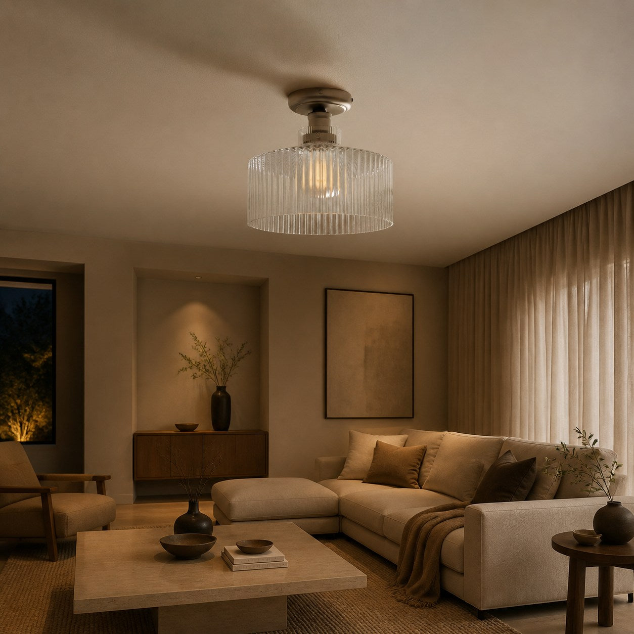 Ribora Vintage - Inspired Ribbed Glass Ceiling Lamp - Industrial Style Flush Mount for Modern Interiors U05