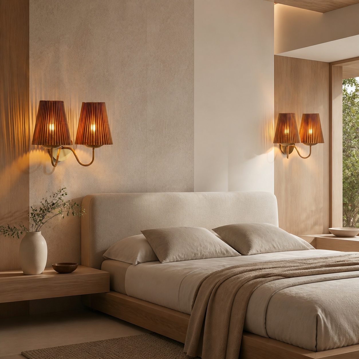 Zhoove Bamboo Wall Lamp - Pleated Natural Shade Design for Living Room or Bedroom