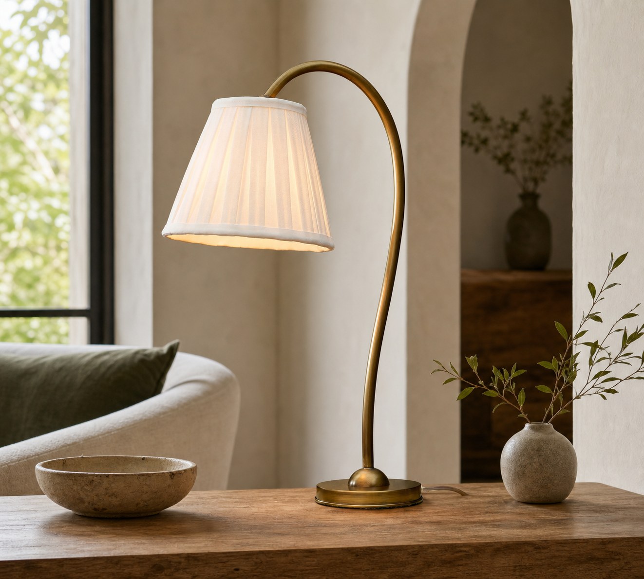Luvora Brass Table Lamp - Textured Pleated Shade Light in Farmhouse Style