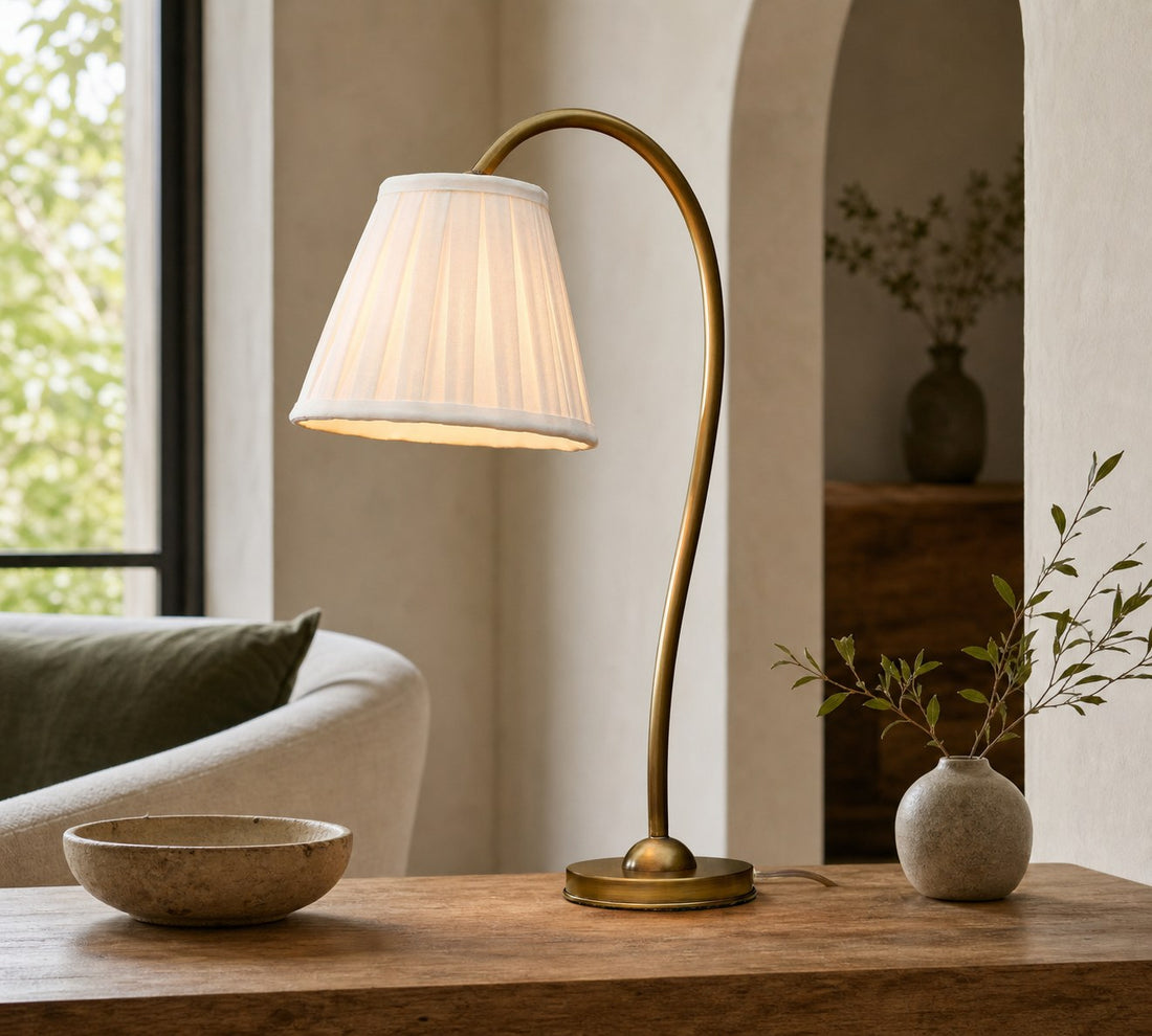 Luvora Brass Table Lamp - Textured Pleated Shade Light in Farmhouse Style