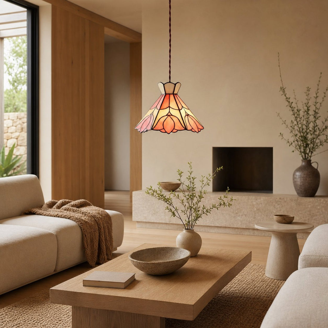 Sevra Floral Stained Glass Pendant Light Tiffany Inspired Hanging Ceiling Lamp for Living Room
