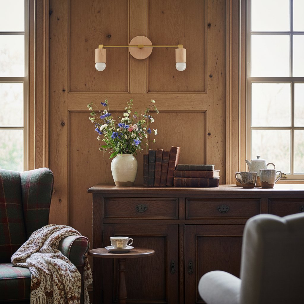 Lumen Woodgrain Frame Boho Wall Lamp – Multi Finish Vanity Lighting Solution