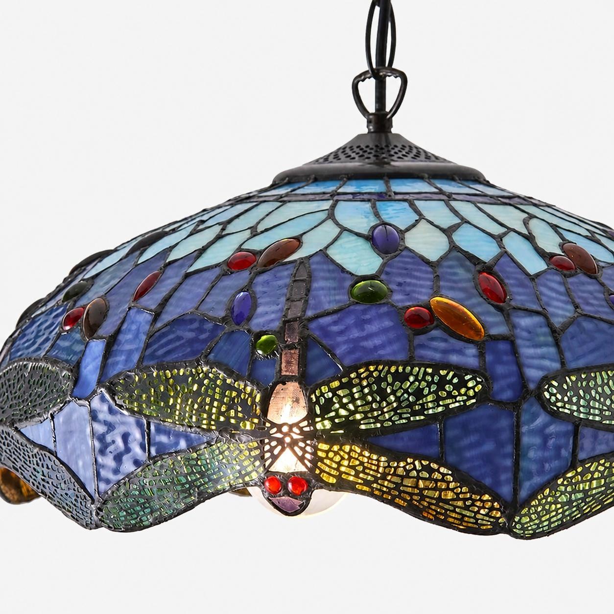 TF Dragonfly Tiffany Pendant Light – Art Nouveau Stained Glass Pendant for Living