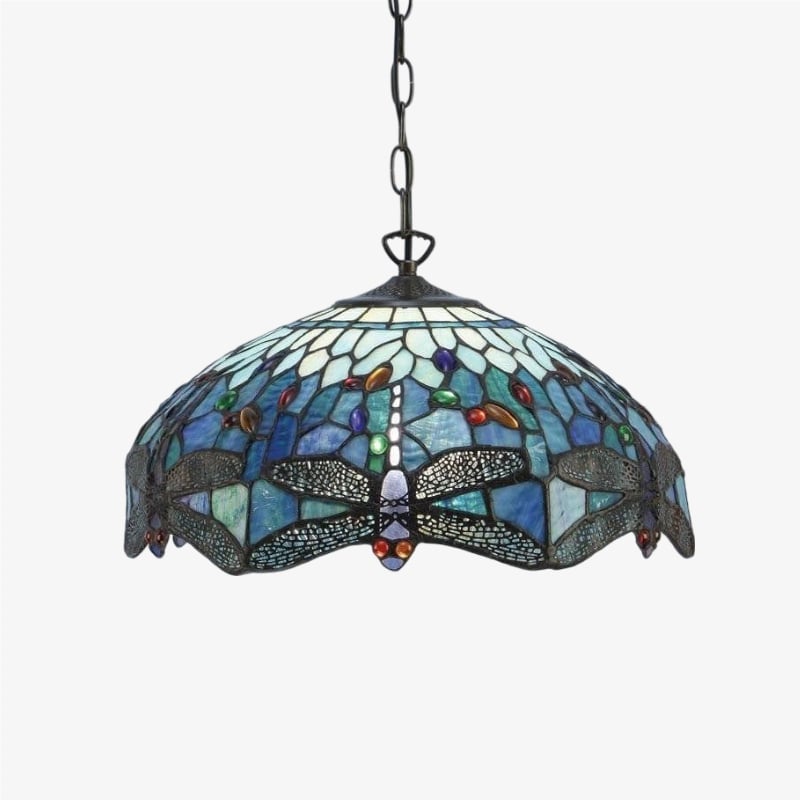 TF Dragonfly Blue Tiffany Pendant Light – Art Nouveau Stained Glass Pendant for Living