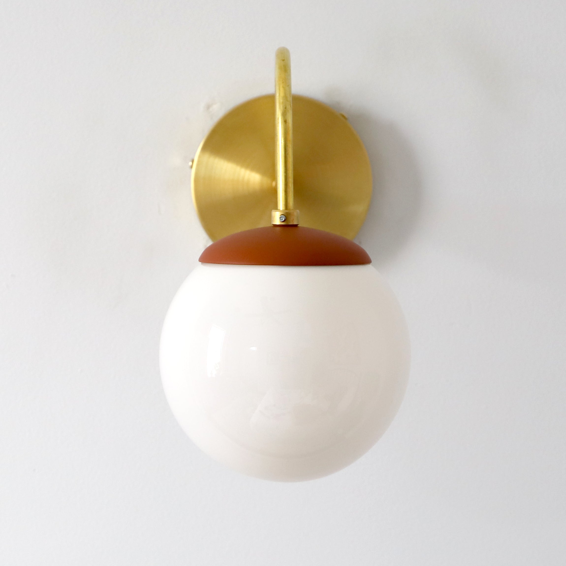 Brass Wall Lamp Sconce - Curved Arm with Handblown Frosted Glass