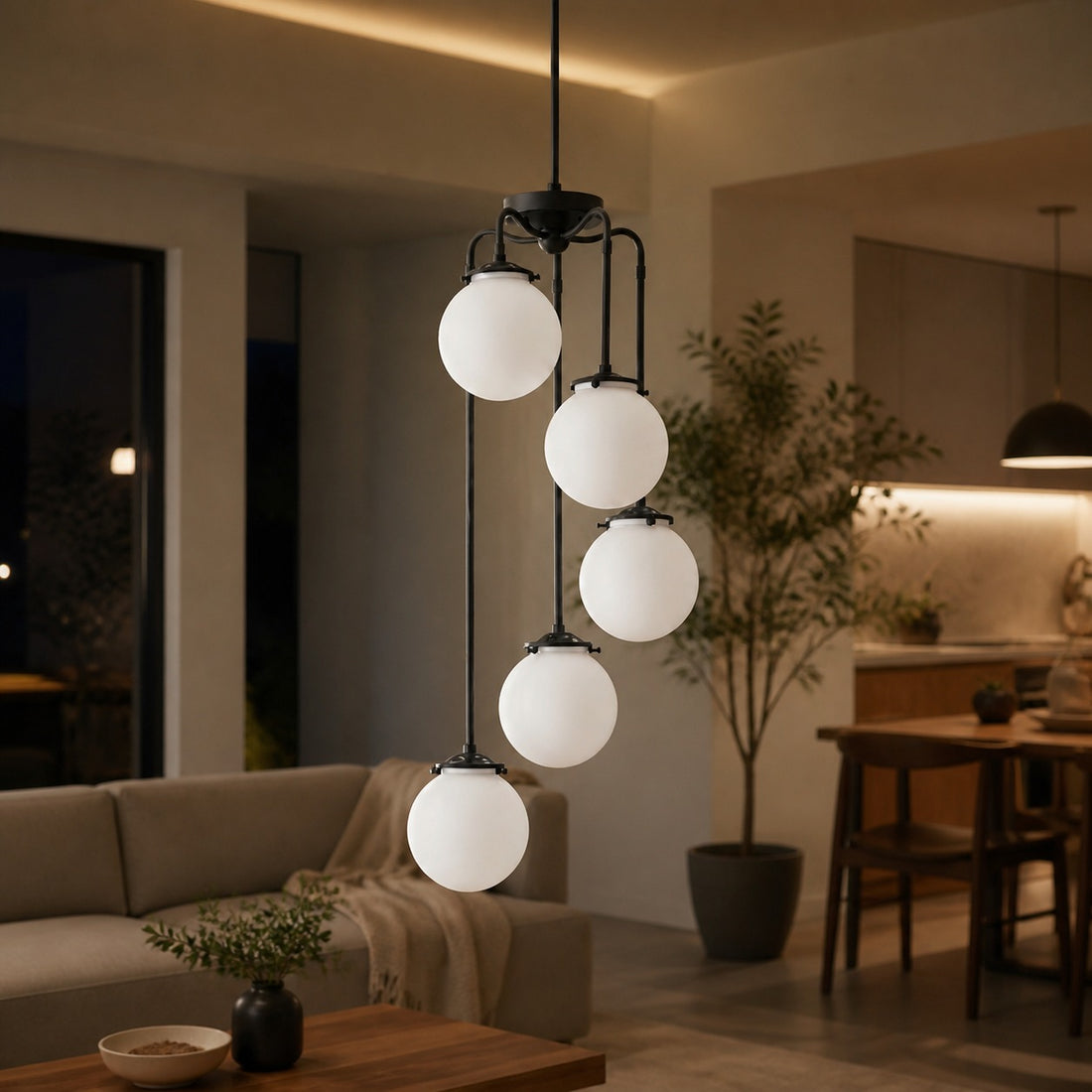 Glorica Glass 5 Globe Chandelier - Brass and Opal Glass Vintage Pendant Light