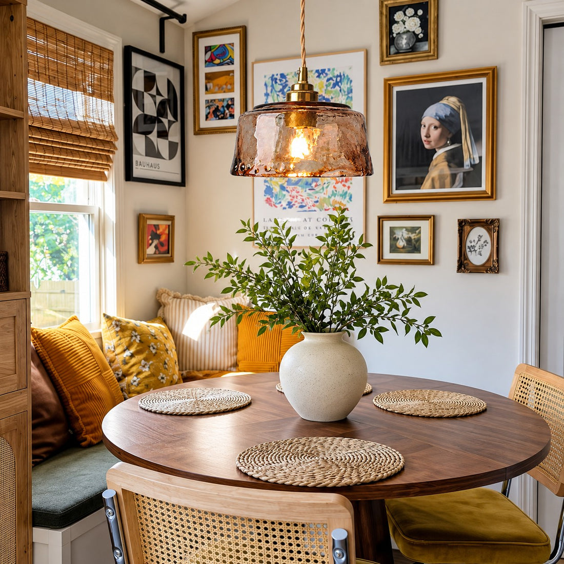 Amvora amber glass pendant styled in a breakfast nook