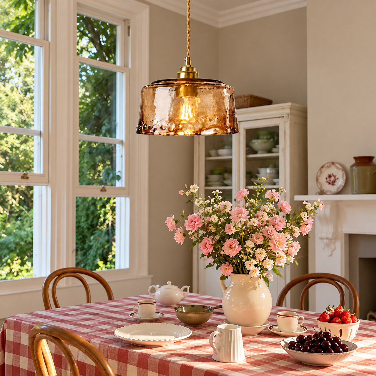 Amvora amber glass pendant styled by a dining window