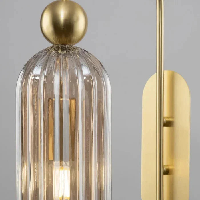 Aura ribbed gray glass wall sconce shade and backplate close-up