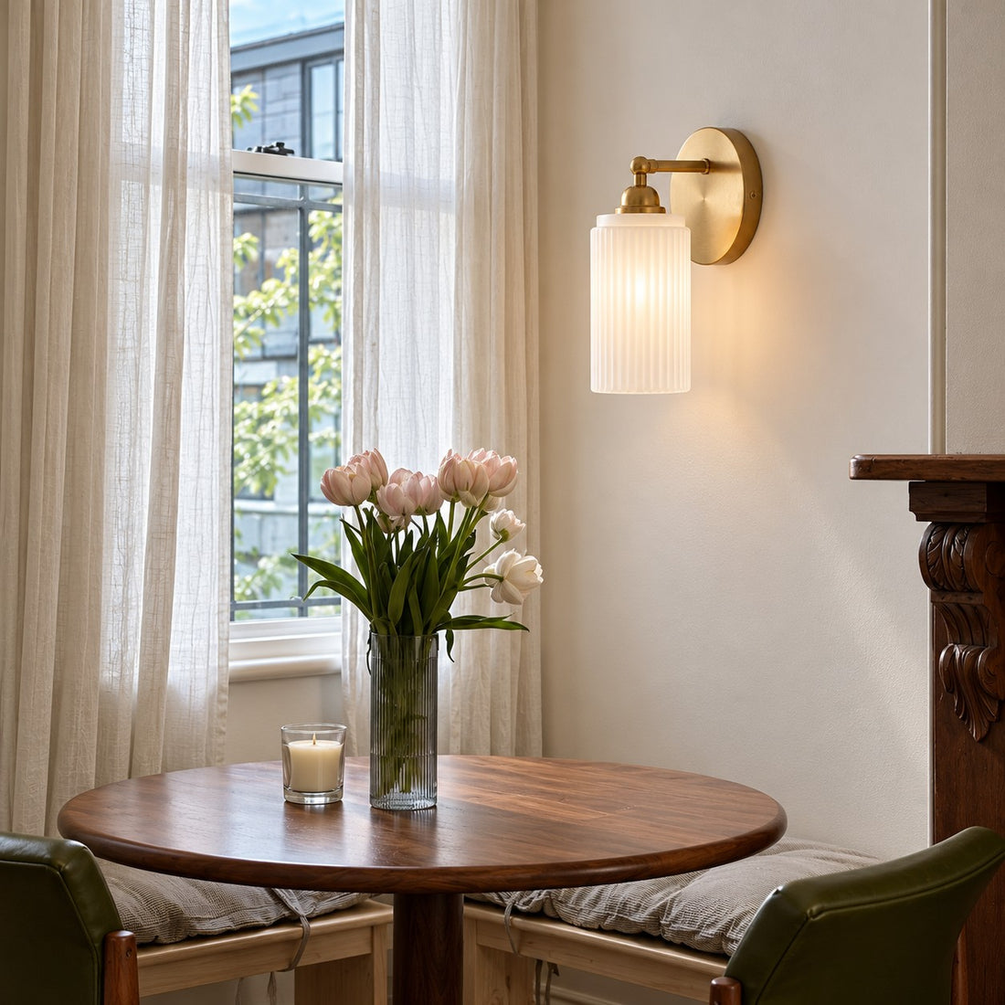 Aura vintage ribbed glass wall sconce in a dining nook