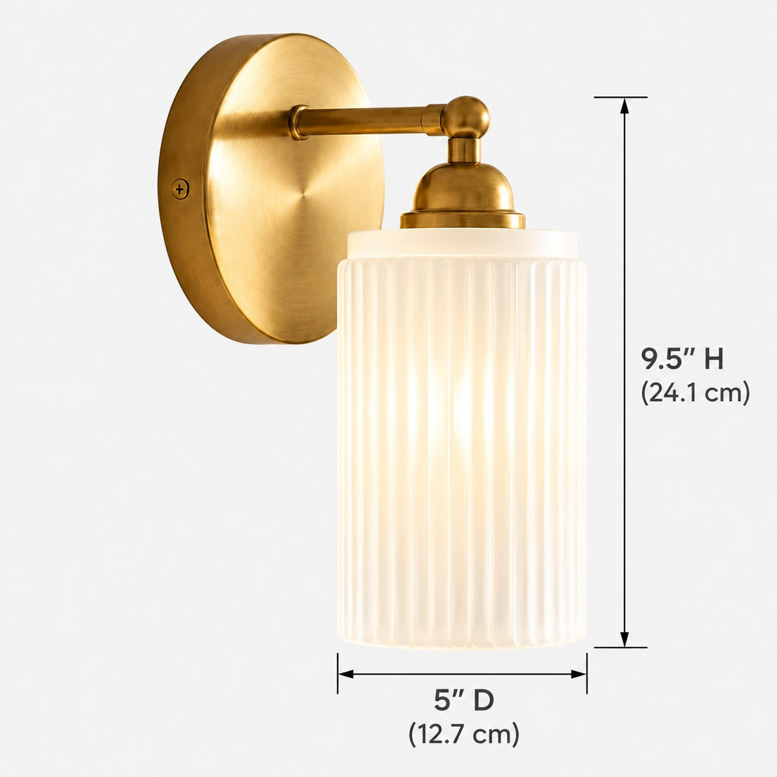 Aura vintage ribbed glass wall sconce dimensions, 5 inches wide by 9.5 inches high