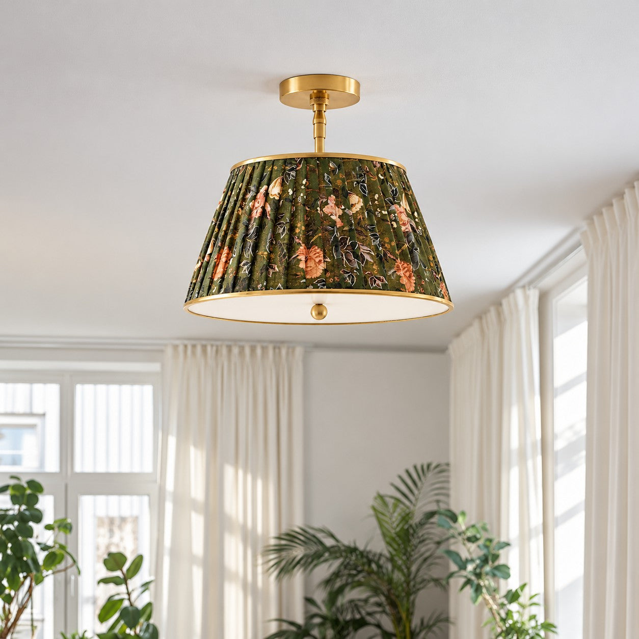 Avelora green floral ceiling lamp styled in a living room