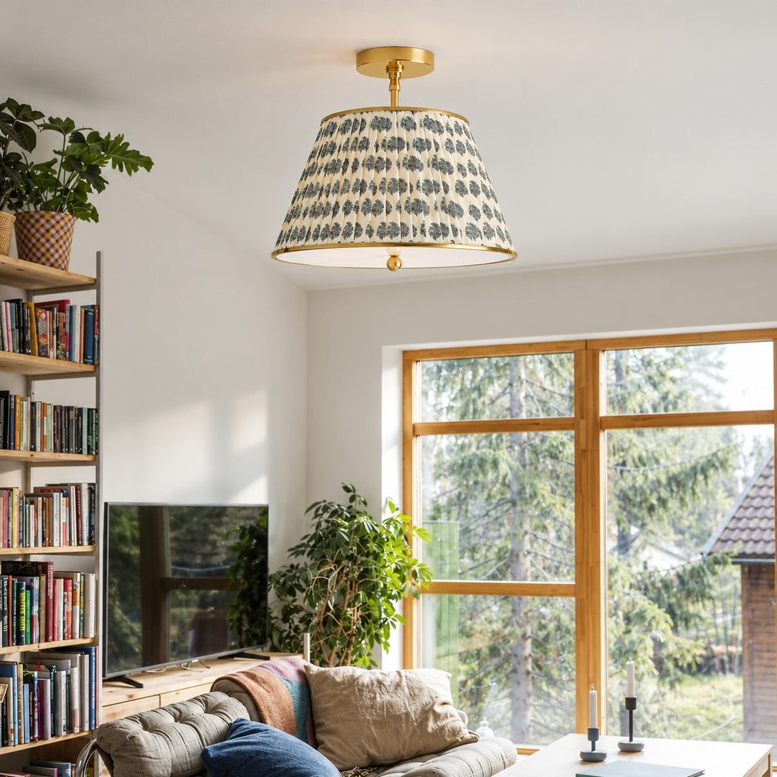 Avelora floral block print ceiling lamp styled in a living room
