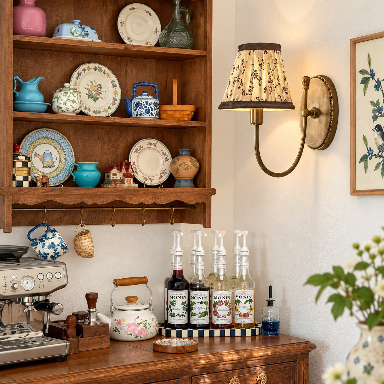 Avelora brown faded floral wall sconce styled in a kitchen nook