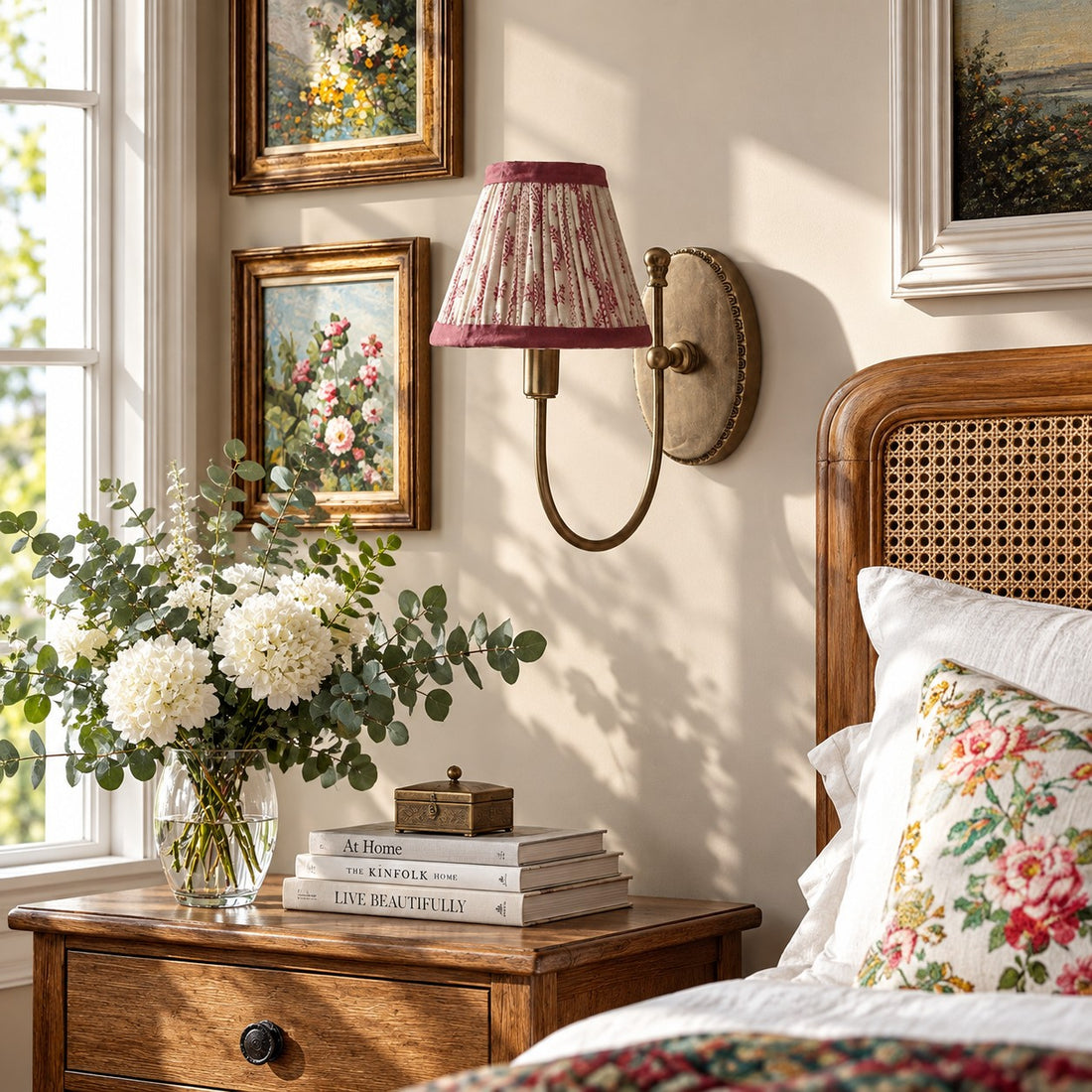 Avelora pink floral wall sconce styled beside a cane headboard