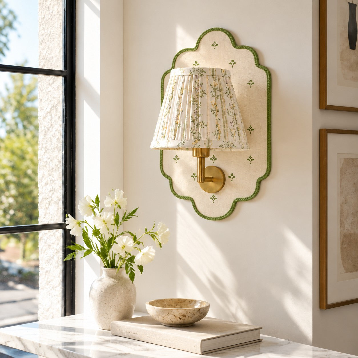 Avelora floral wall sconce styled in a living room