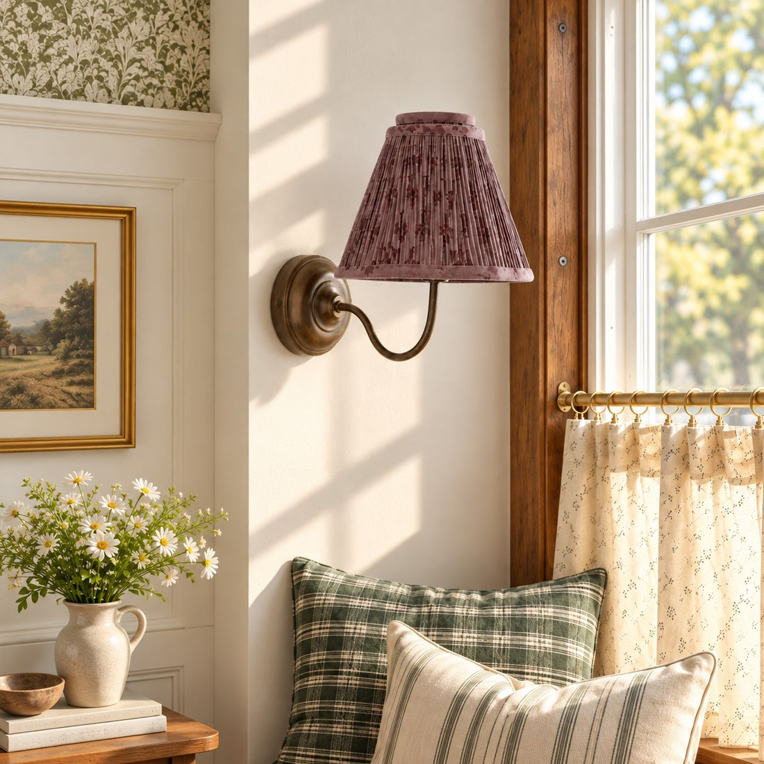 Avelora wall sconce styled beside a sunlit window seat