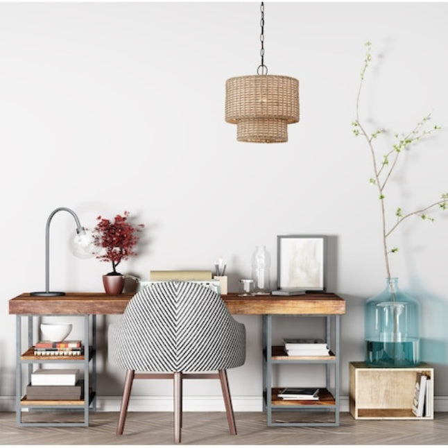 Natural Rattan Double Drum Pendant Light With Black Canopy