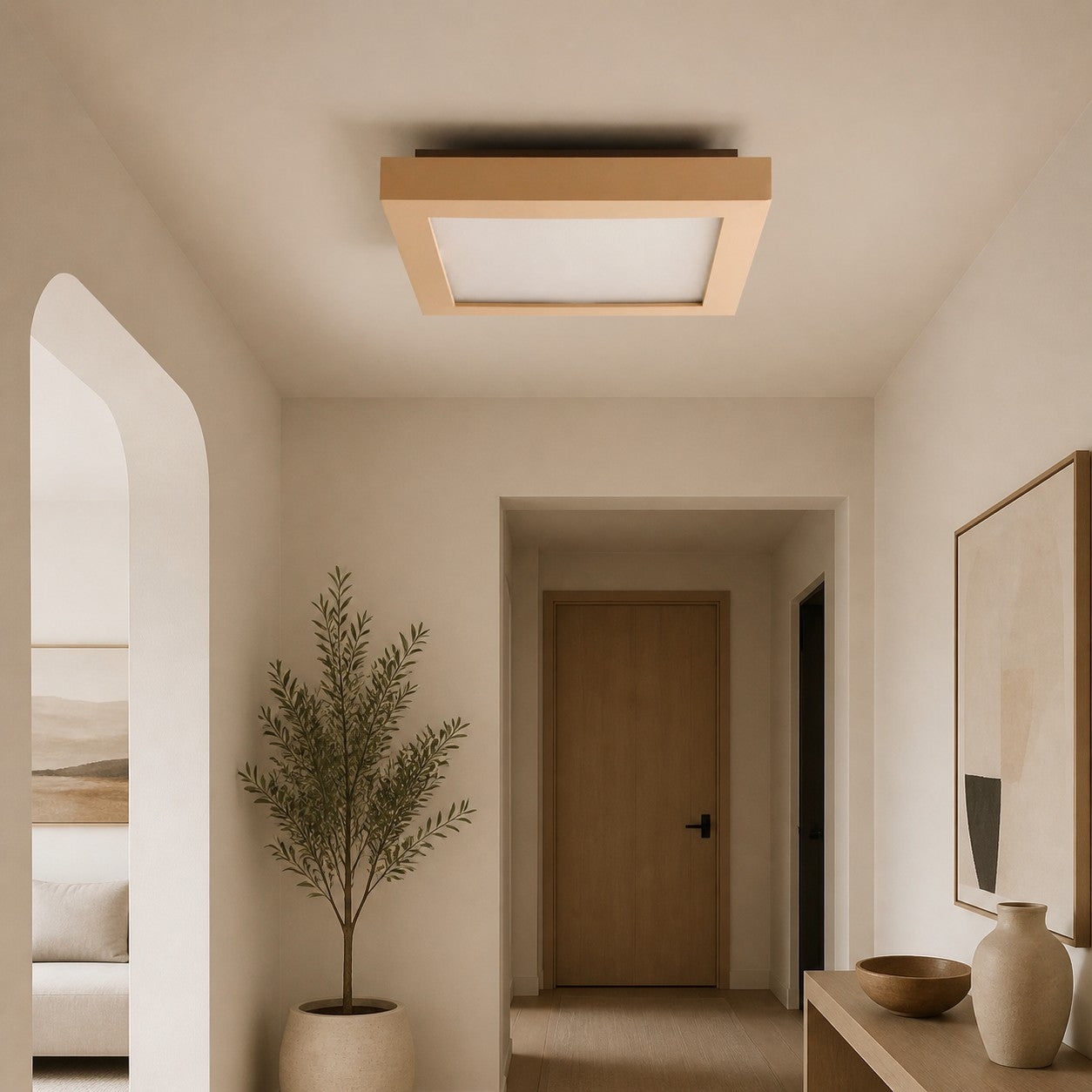 Cream square ceiling lamp installed in entryway