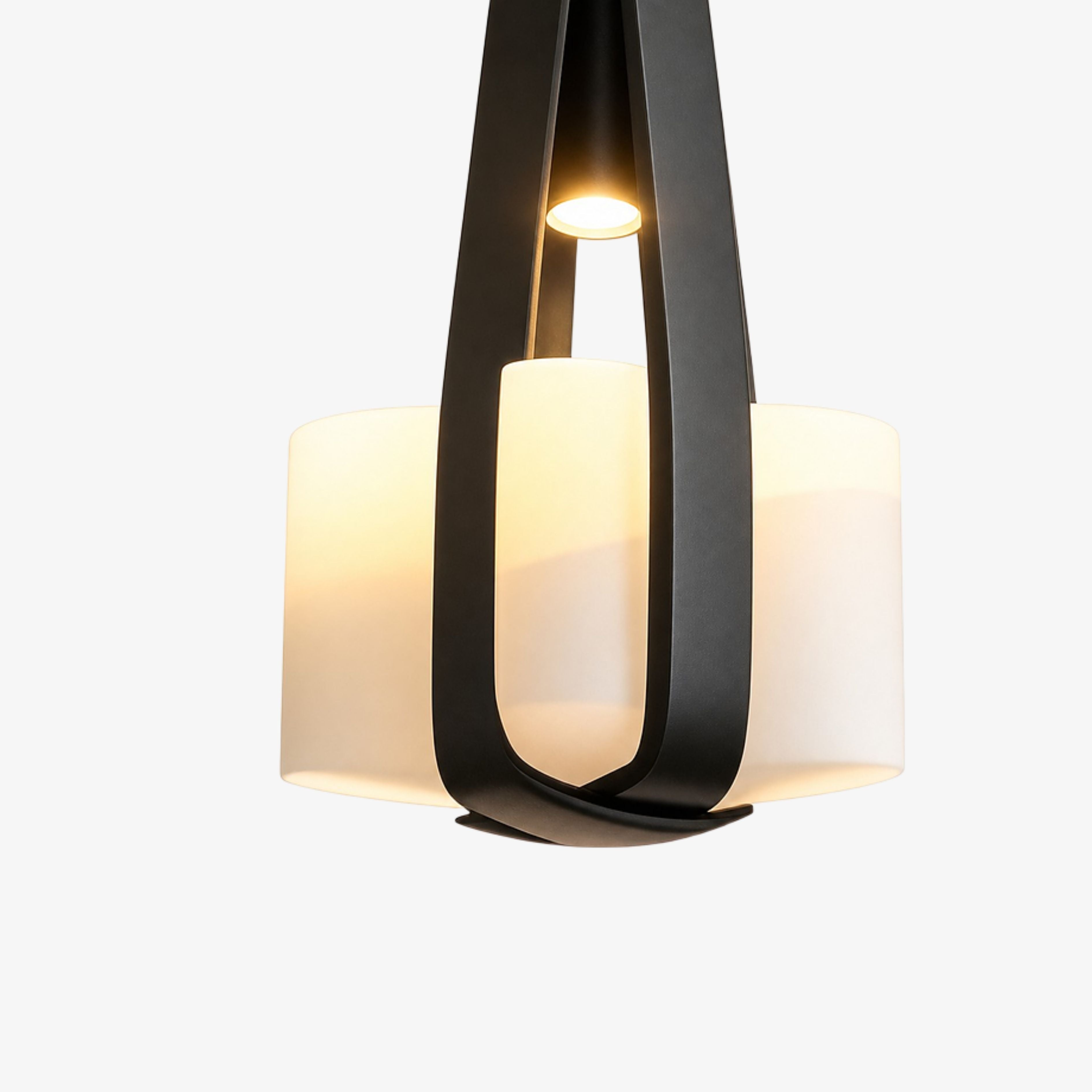 Black leather strap pendant lamp with white glass shade