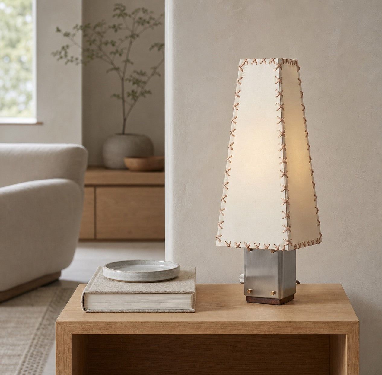 Modern Geometric Metal Table Lamp – Parchment Shade for Bedroom Nightstand Lighting