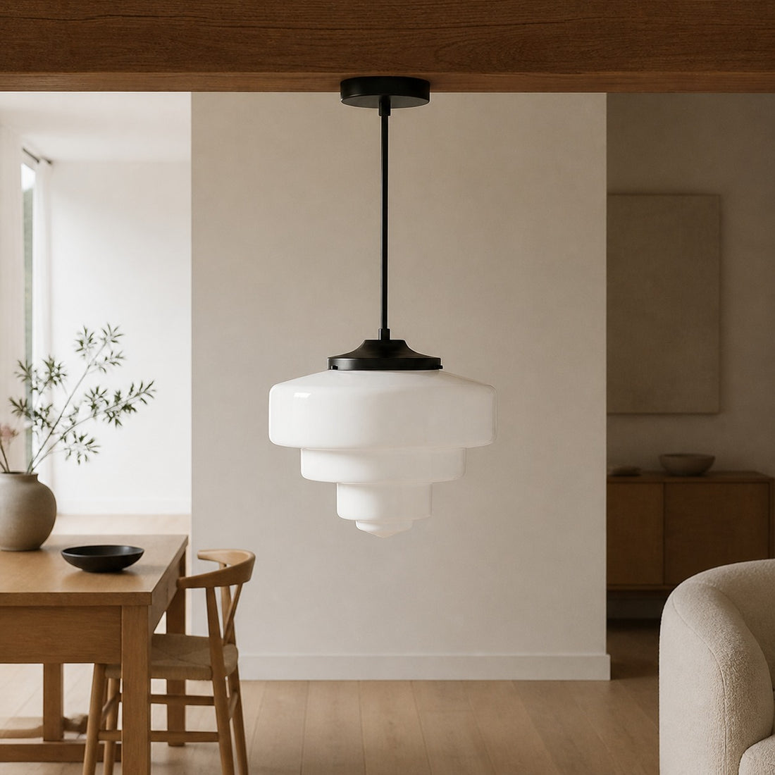Geotower Glass Brass Pendant Light – Art Deco Opal Globe Ceiling Fixture