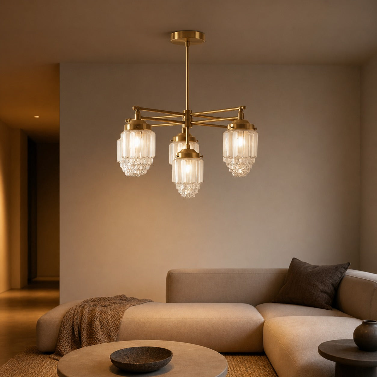 Tierlux Glass Chandelier – Vintage Brass Globe Lighting Fixture