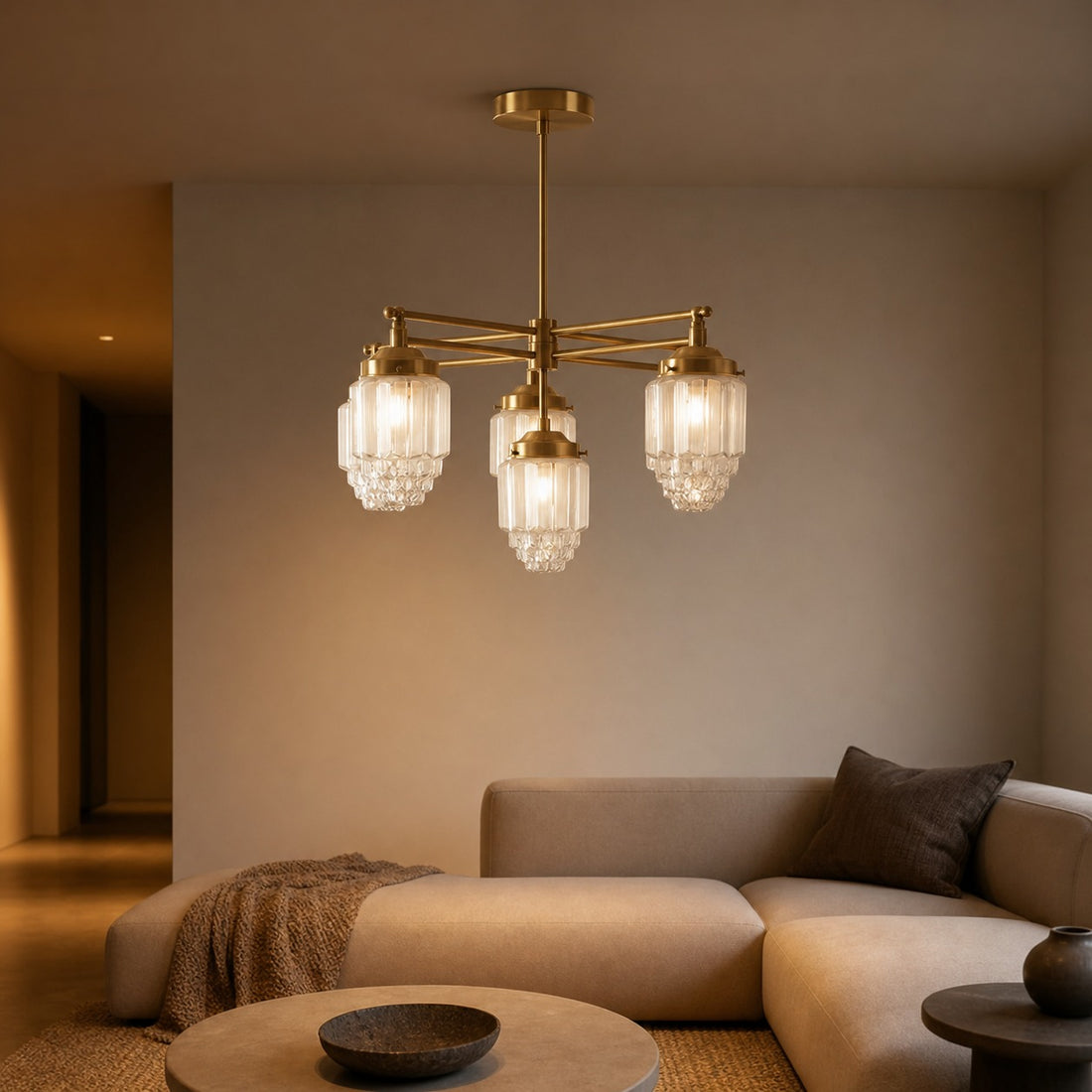 Tierlux Glass Chandelier – Vintage Brass Globe Lighting Fixture