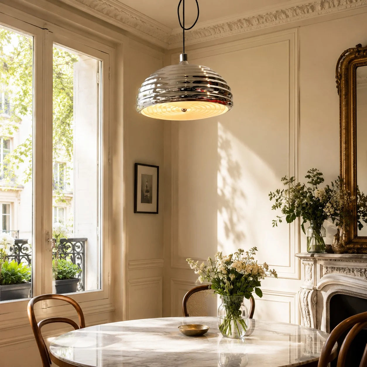 Polished chrome pendant light above a round table by tall windows