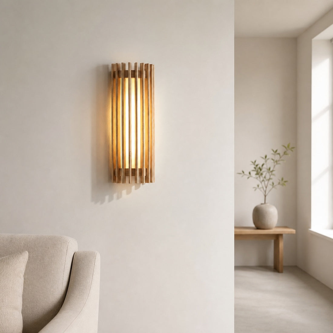 Boskelux Walnut Wall Lamp – Curved Backplate and Diffused Glow for Living Rooms or Hallways