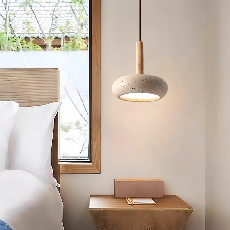 Traditional Japanese Round Wood Travertine Pendant Light