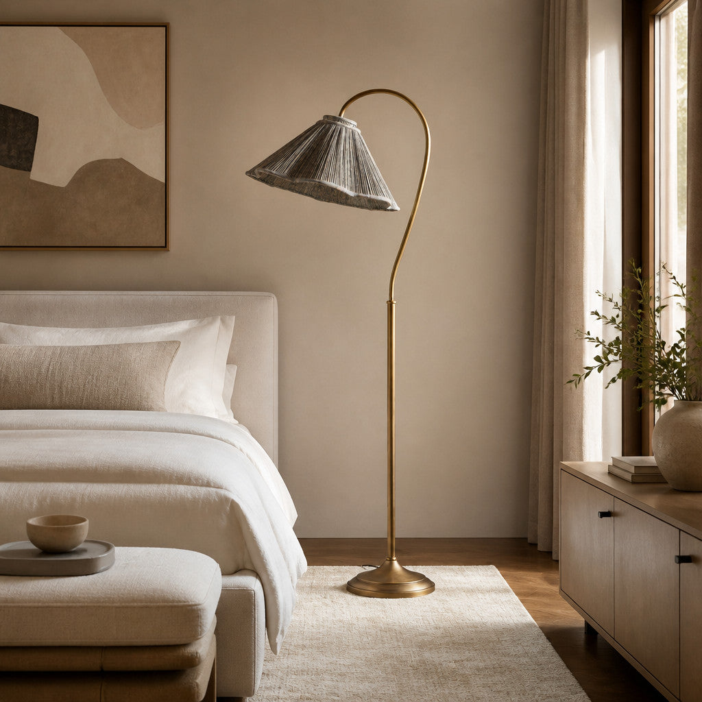 Solmire Floral Gooseneck Floor Lamp - Pleated Fabric Metal Shade for Living Room and Bedroom