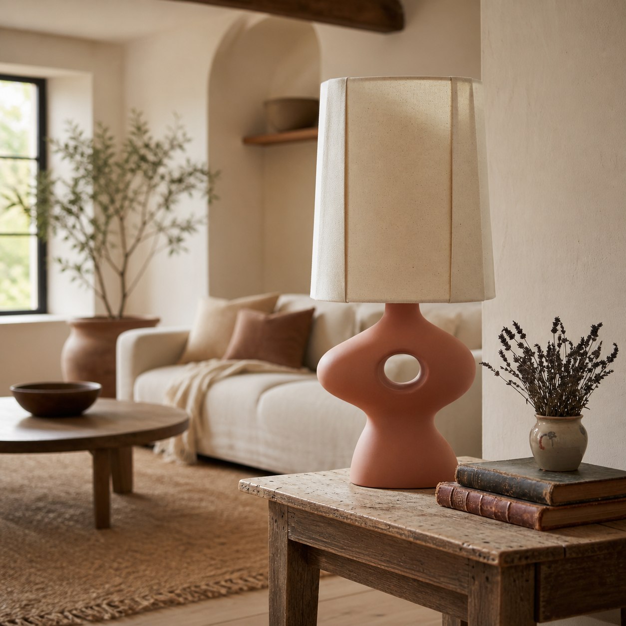 Pryssa Ceramic Table Lamp with Ivory Linen Shade -  Artistic Lighting for Living Room or Bedroom