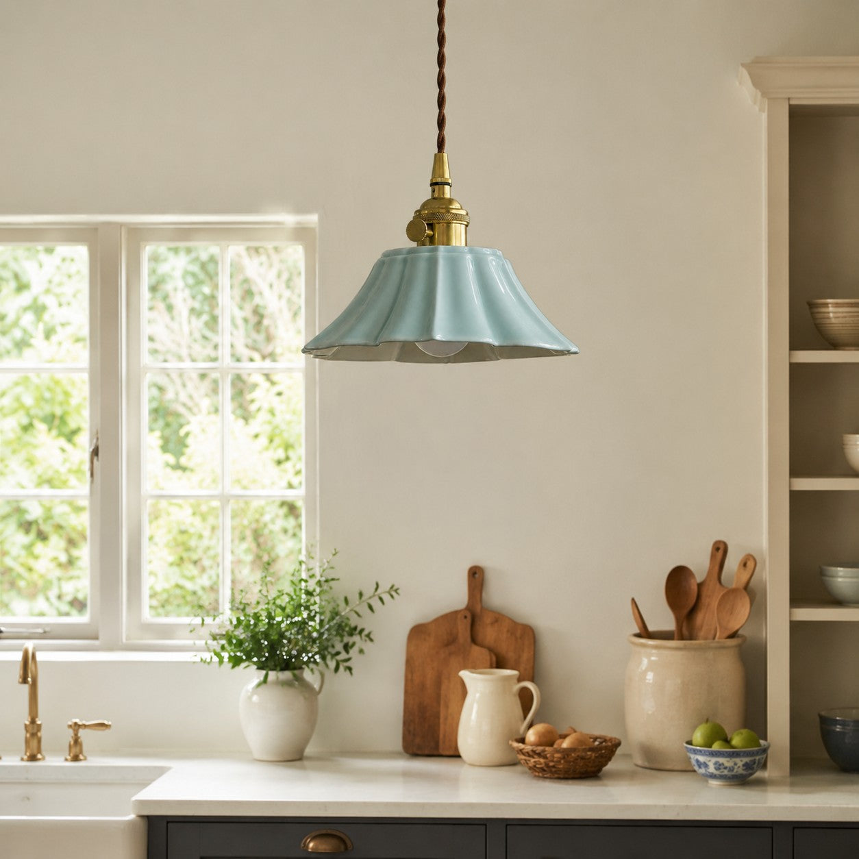 Vintage Celadon Ceramic Lotus Pendant Light