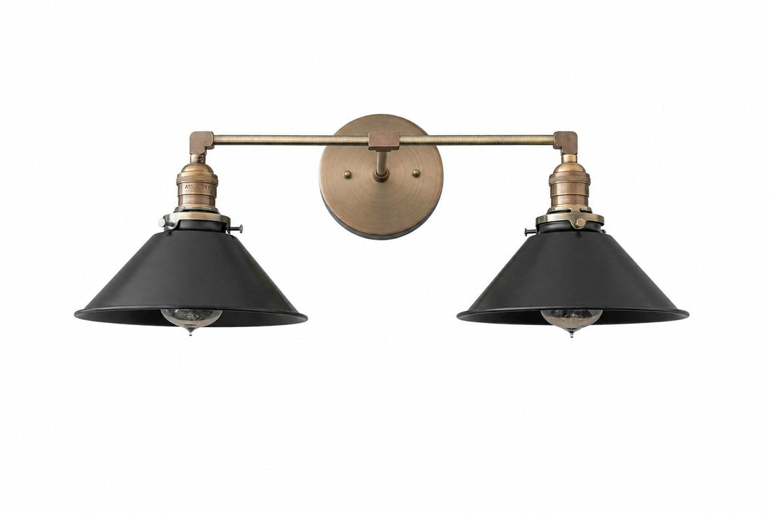 Conique Metal Dual Black Sconce with Cone Shades - Industrial Vanity Wall Light for Mirror