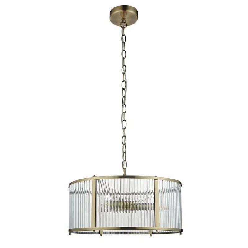 Ribbed Glass Brass Pendant Lamp - Antique Brass Light
