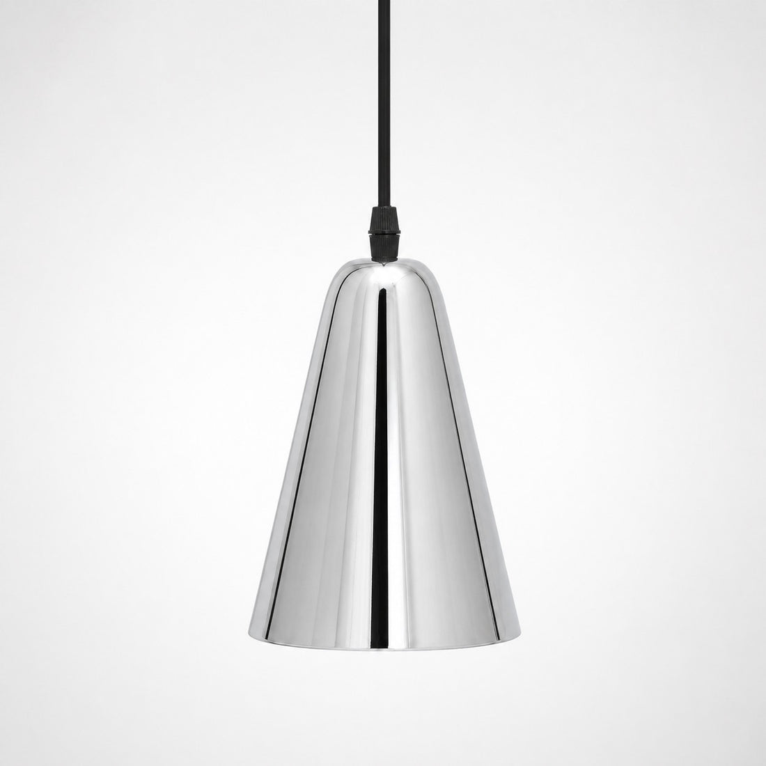 Tapered chrome brass mini pendant light on a white background