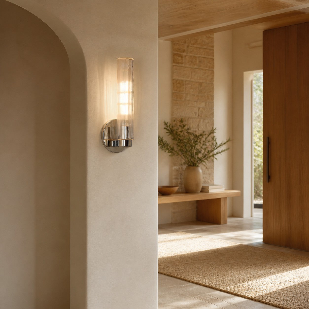 Rivora Fluted Glass Indoor Outdoor Sconce - Modern Wall Light for Home Decor