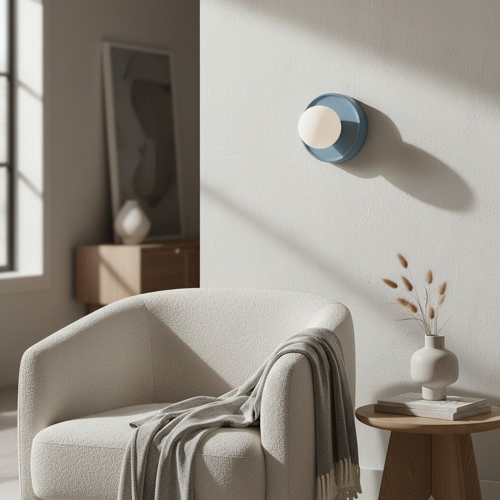 Solna Round Glass Wall Sconce with Ceramic Base-Minimalist Lighting for Bedroom or Hallway