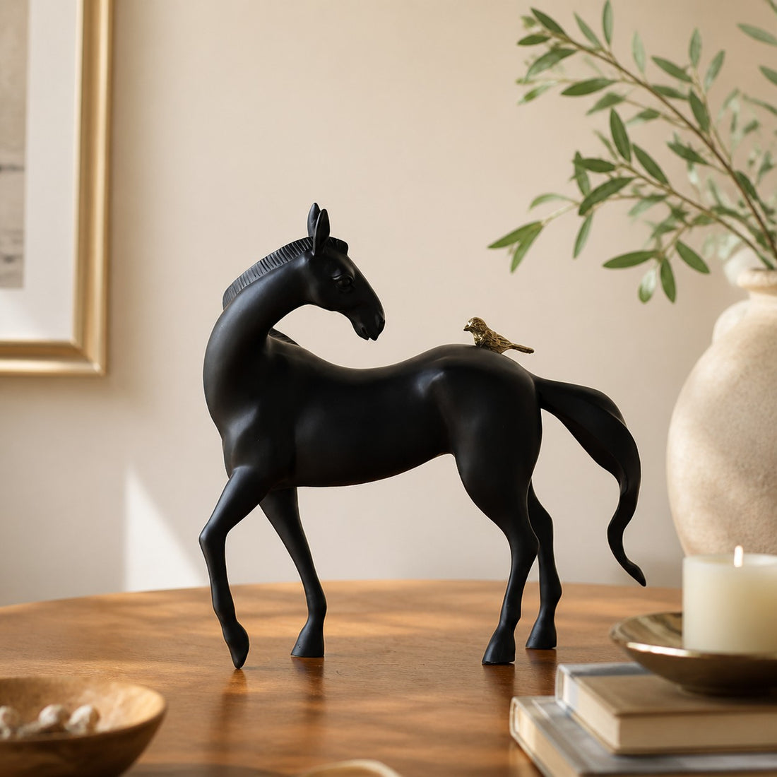 Equora black horse and copper bird sculpture detail
