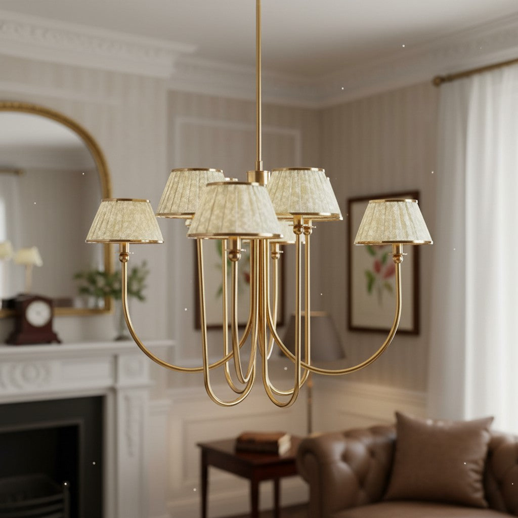 Ruchee Chandelier – Layered Fabric Shade Brass Ceiling Light for Dining or Living Spaces