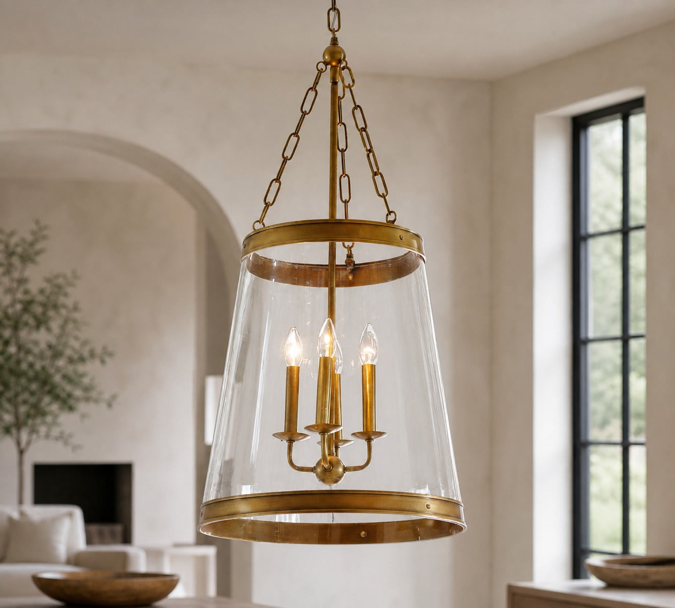 Driscoll Glass Drum Pendant Light - Contemporary Brass Hanging Lamp