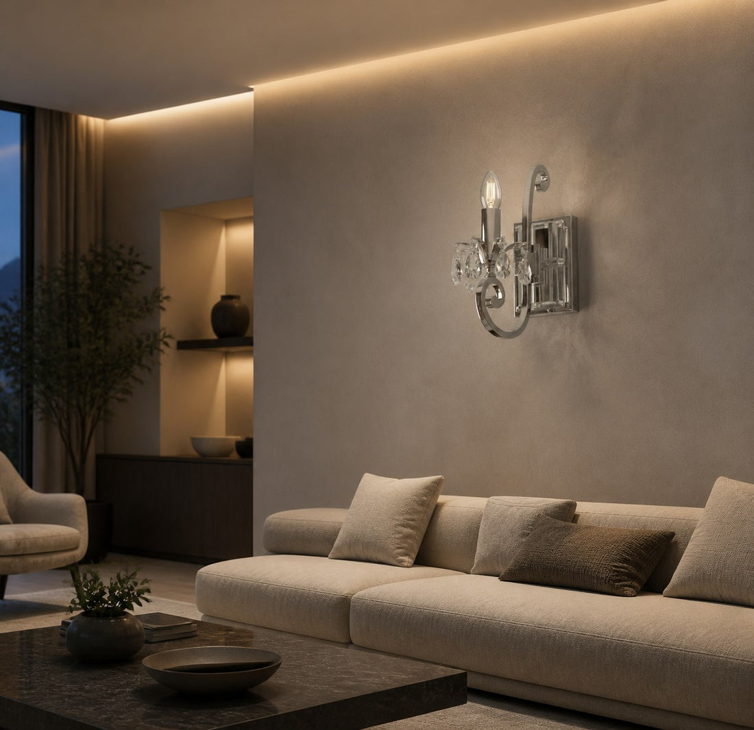 Talonis Crystal Accent Wall Light – Curved Chrome Arm Design for Living and Hallway Spaces