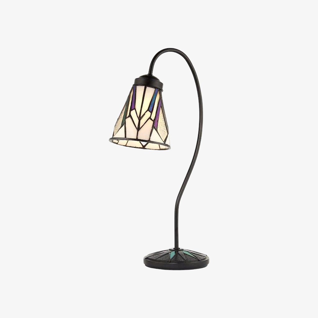 TF Astoria Tiffany Table Lamp – Curved Swan-Neck Arm Art Deco Glass Shade for Desk