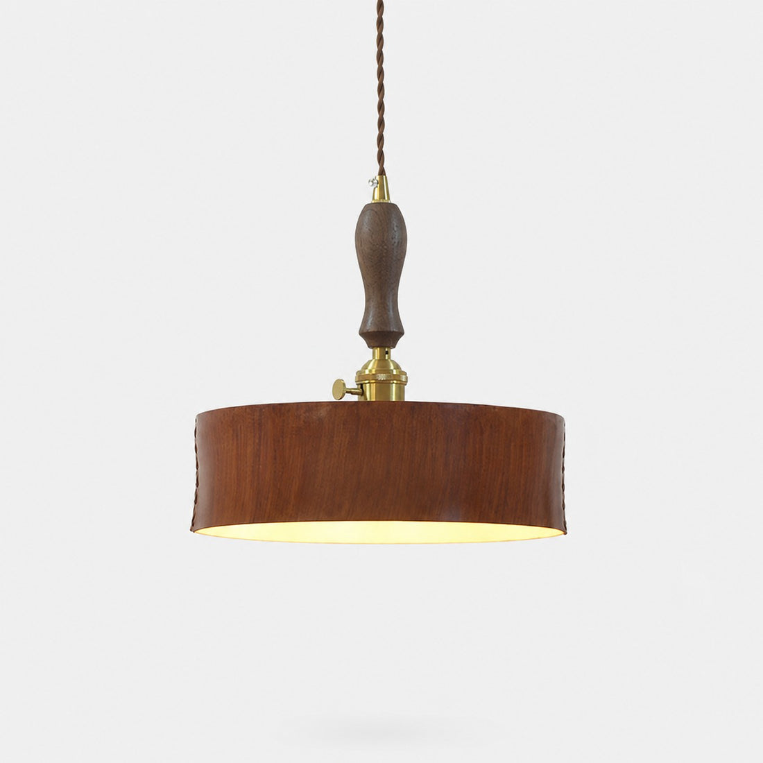 Complete vintage brown leather drum pendant fixture