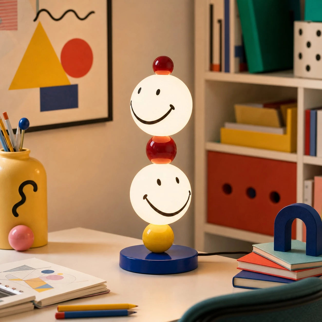 Smiley stack table lamp on a colorful study desk